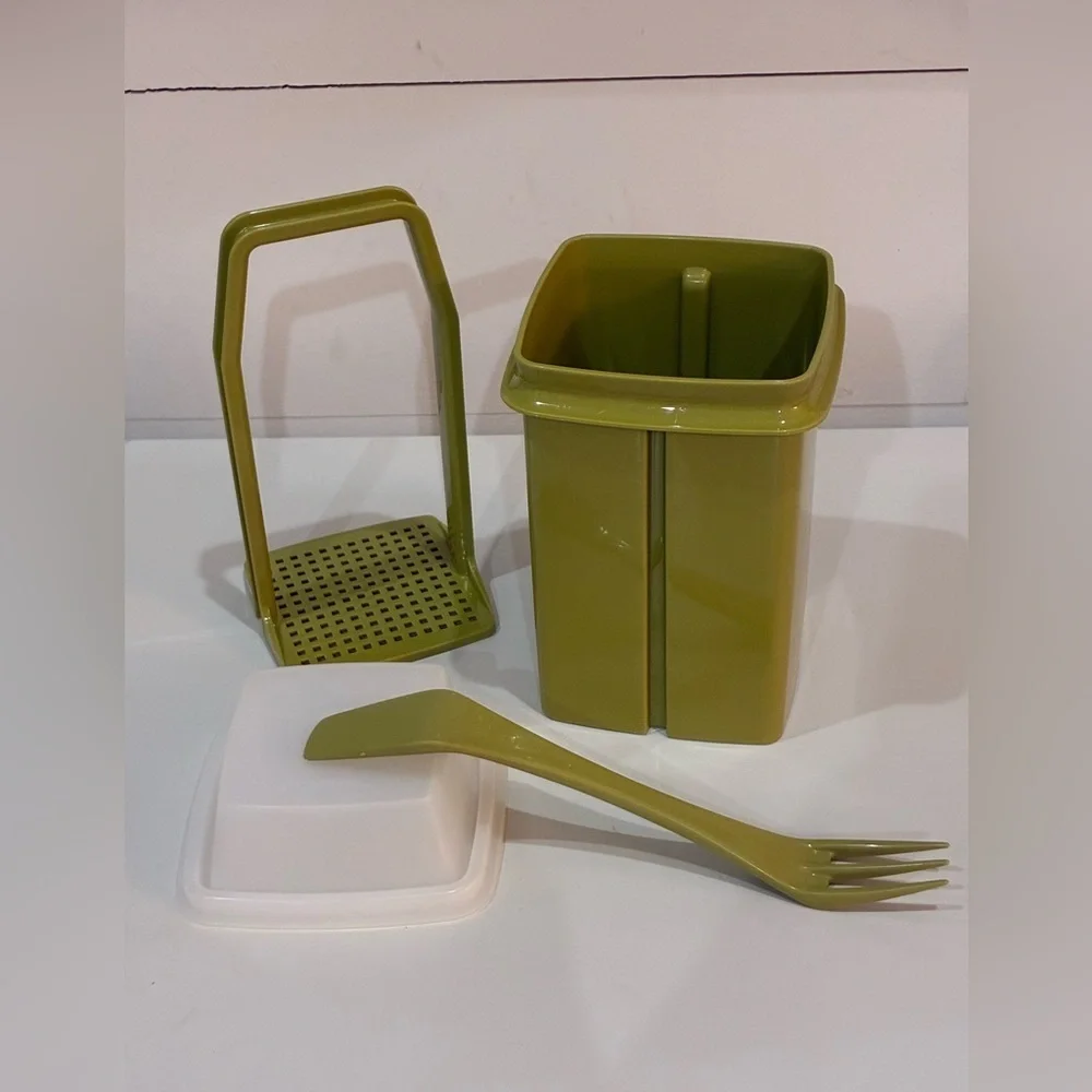 Tupperware Pick-a-Deli container, a pickle keeper. Vintage olive green. W/Fork